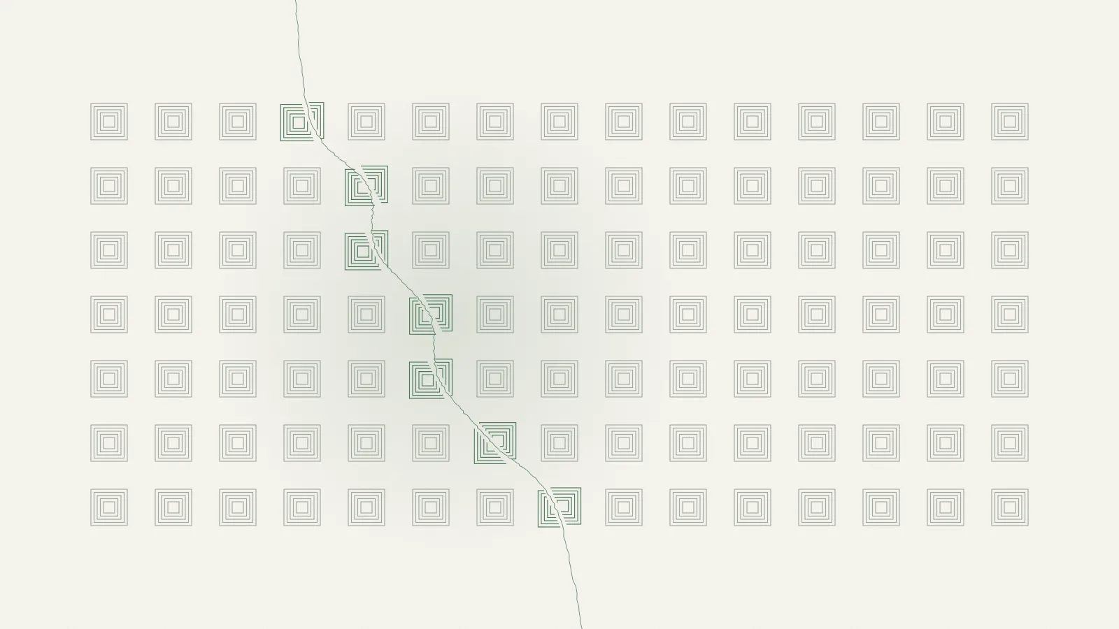 A grid of identical blocks drawn as nested sage squares on warm paper. A fine forest-green crack runs down through the grid, splitting the seven blocks in its path, which are drawn in forest green.